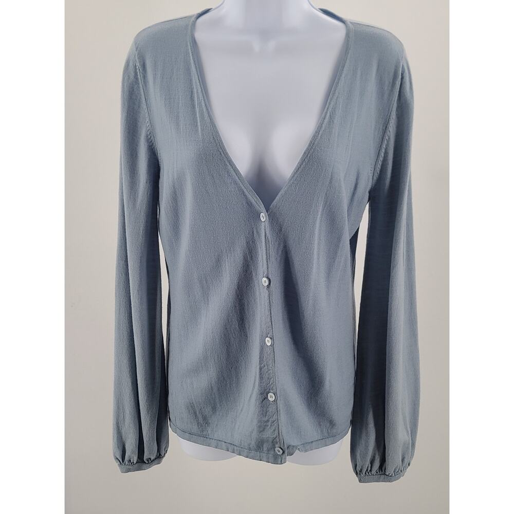 Bill Blass Blue Merino Wool Cardigan Large Puff Sleeves - Picture 2 of 9